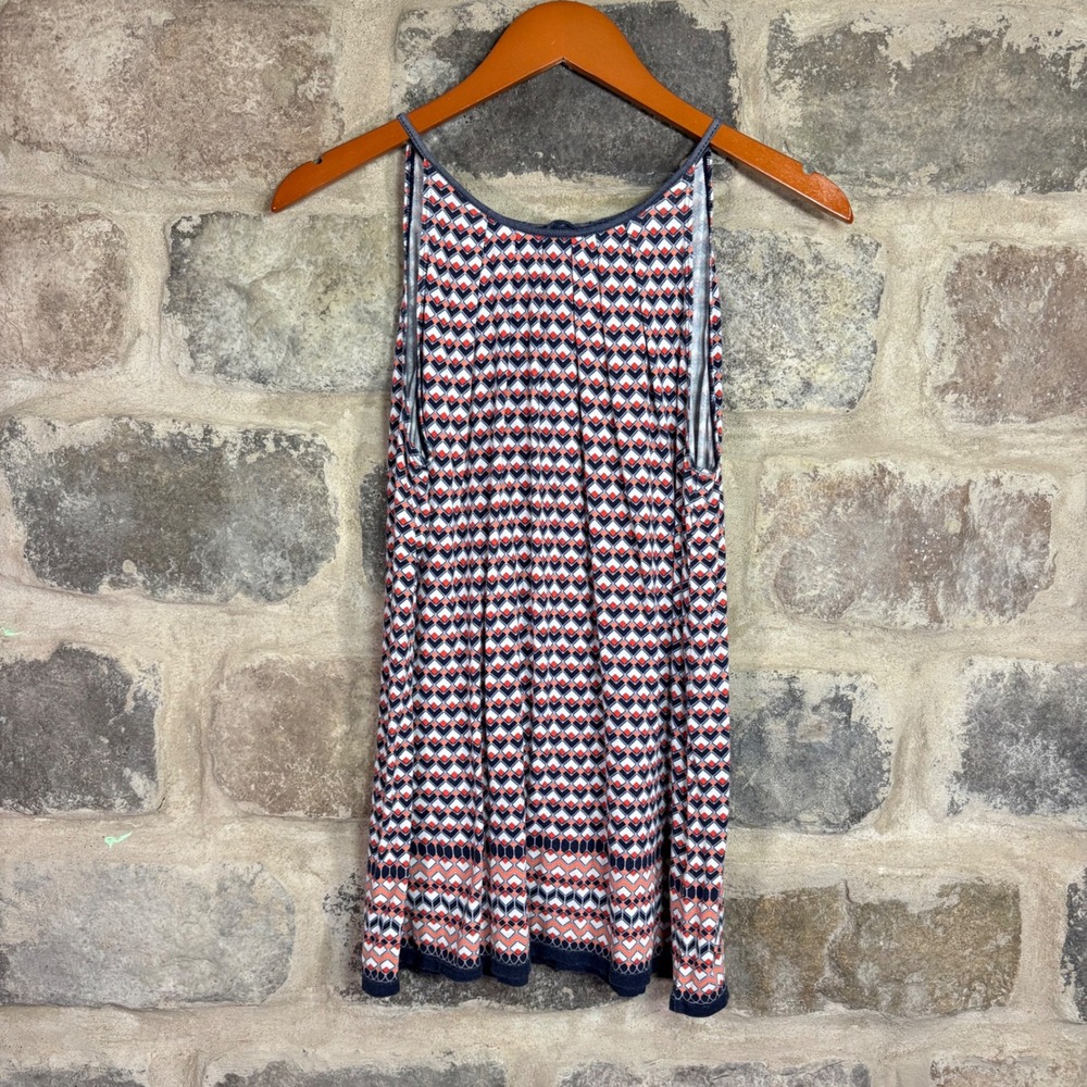 Max Studio Womens Geometric Chevron Tank Top Navy Coral‎ Keyhole Back Medium